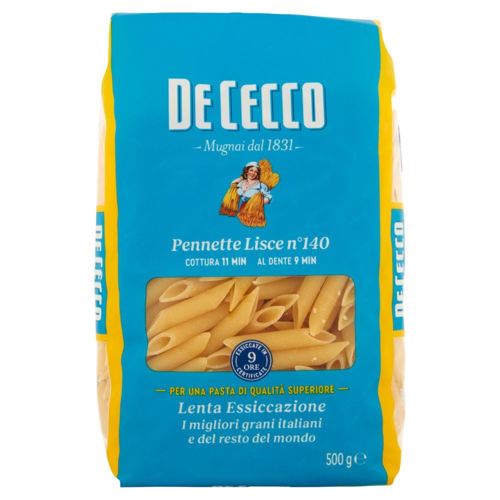 De Cecco Pennette Lisce n°140 - Pasta 24 x 500 g | Secado lento | Sémola de trigo duro de alta calidad | Horneado 11 min (al diente 9) | Ideal salsas de tomate & pesto + Italian Gourmet polpa 400 g