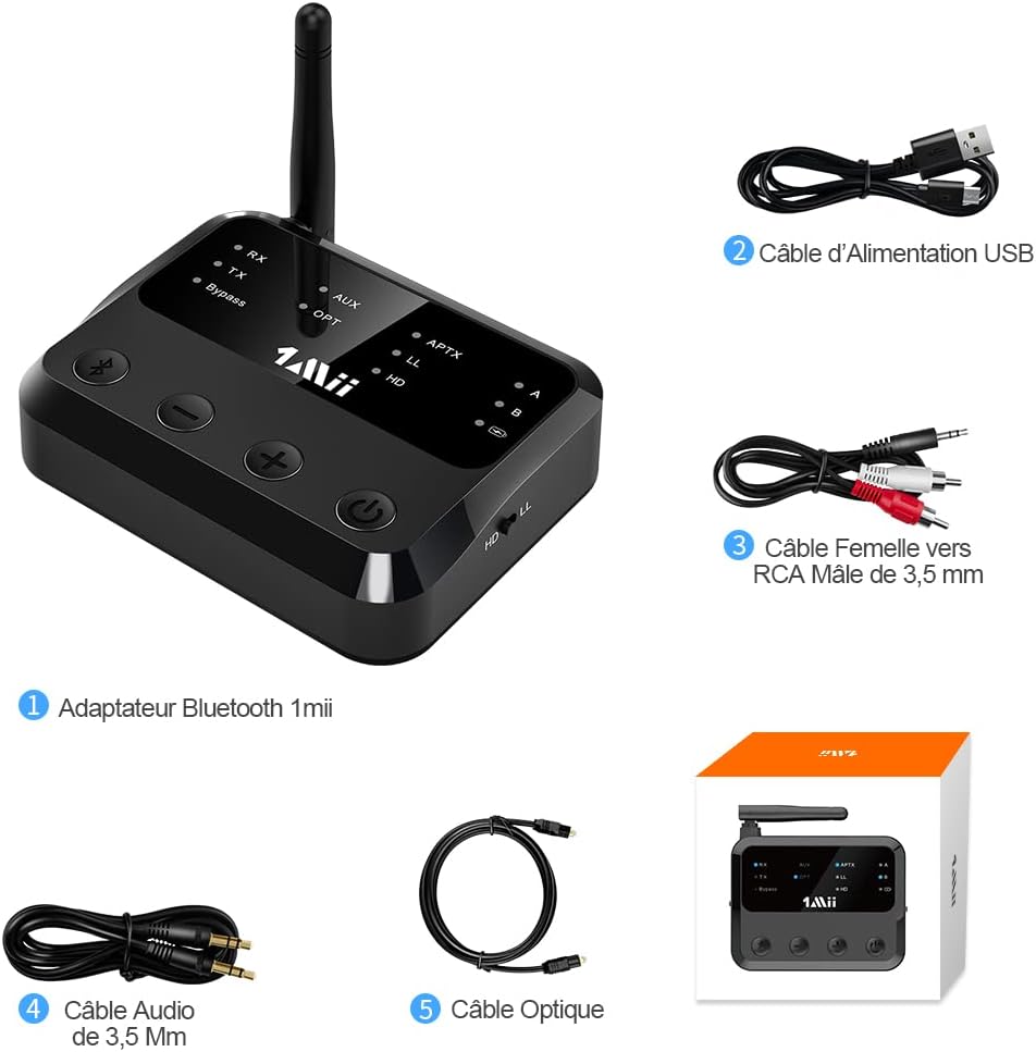 1Mii - Trasmettitore e ricevitore, Bluetooth 5.0, aptX HD a bassa latenza  per TV, cuffie Bluetooth, 15 ore di autonomia, adattatore audio senza fili  ottico RCA AUX : Amazon.it: Informatica