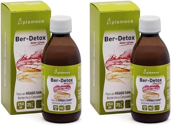 PLAMECA - Ber-Detox, Función Normal del Hígado, Detox Hígado, con Colina, Alcachofera, Cardo Mariano, L- Metionina, Inositol, Curcumina y Berberina, Detox Jarabe, Detox Bebida, Sabor a Fresa - 250 ml