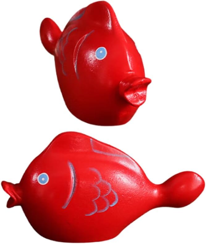 Set of 2 Koi Fish Decor Statue, Handmade Red Wooden Fish Figurines, Feng Shui Lucky Sculpture, Home Office Living Room Tabletop Shelf Decor, Luckly Wealth Health Gifts, 7.48 * 3.93 * 2.76''