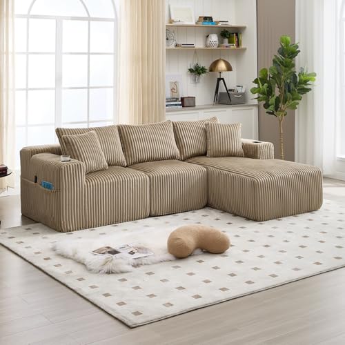 EURHCIO Canapé d'angle Modulable,Canapé 3 Places en Velours Côtelé,avec 5 Coussins,Poches Latérales et Porte-Gobelets,pour Salon,Appartement,Bureau (Kaki)