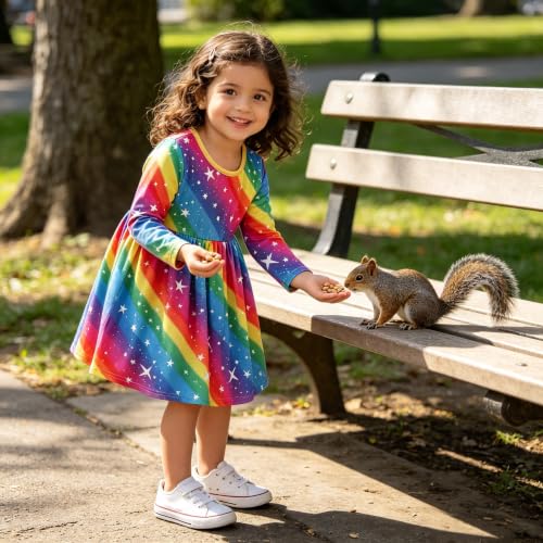 Image of Tkria Toddler Girls Rainbow Dress Striped Fall Dress Cartoon Colourful Long Sleeve Casual Dressy 2-7T