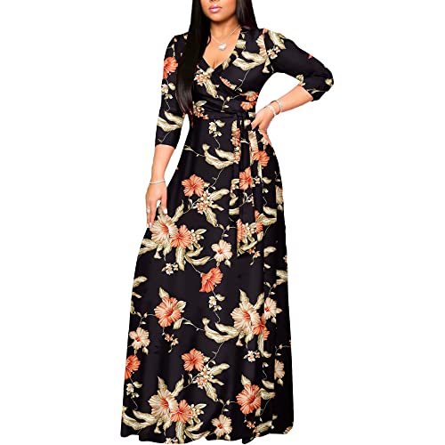Image of FANDEE Plus Size Maxi Dress for Women Casual Summer Sundress V-Neck 3 /4 Sleeve