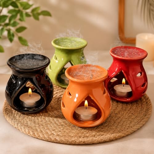 Image of Pure Source India Ceramic Aroma Oil Burner Set Includes 4 Multicolor Burners and 4 tealight Candles. Perfect for Aromatherapy, Home Fragrance, spa, Hotel, Office & Meditation etc