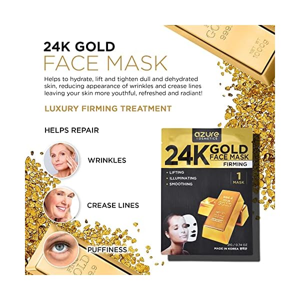 AZURE 24K Gold Firming Face Mask- Anti Aging, Hydrating, Toning & Firming Facial Mask - Helps Reduce Wrinkles & Fine Lines - With Hyaluronic Acid & Collagen - Skin Care Made in Korea - 5 Pack - Image 4