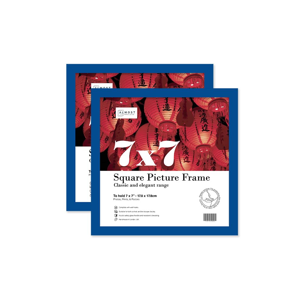 Almost Frameless 7x7 Blue Picture Frame Set of 2, Display 7x7 Picture Gallery Wall, Poster, Photo, Artwork, or Print, Blue, Square