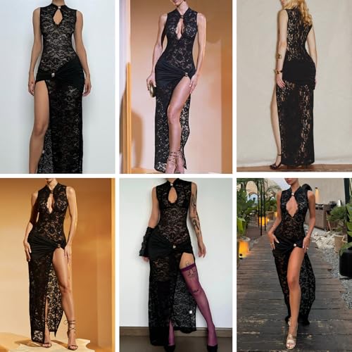 Image of JUMISEE Women's Sexy High Slit See Through Lace Maxi Dress Sleeveless Hollow Out Bodycon Cocktail Dress Evening Gown
