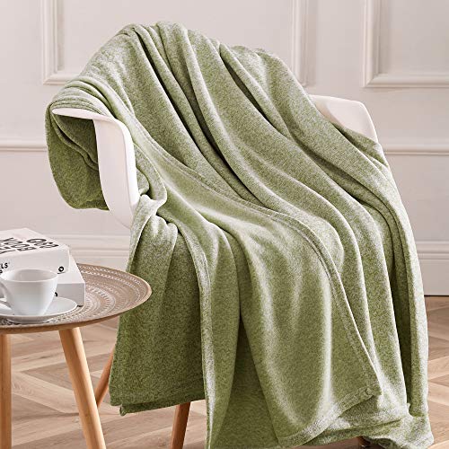 KAWAHOME Knit Blanket Lightweight Breathable Fuzzy Heather Jersey Thin Blanket for Couch Sofa Bed Queen Size 90 X 90 Inches Green and White