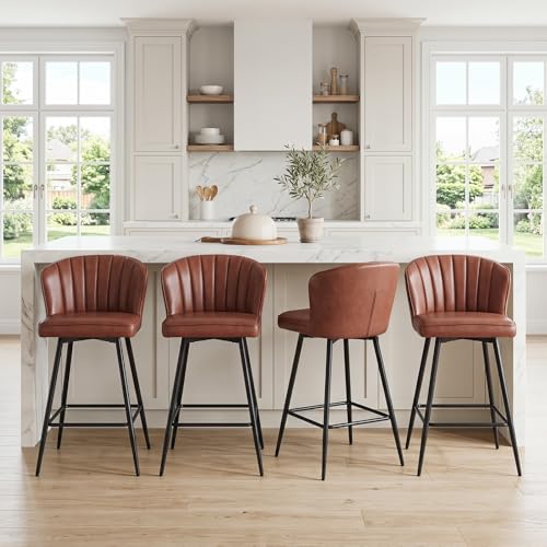 Image of EALSON 26 Inch Counter Height Bar Stools Set of 4 Leather Counter Stools with Back Modern Comfortable Bar Chairs with Metal Footrest Upholstered Kitchen Island Stools for Home Bar Dining Room, Brown