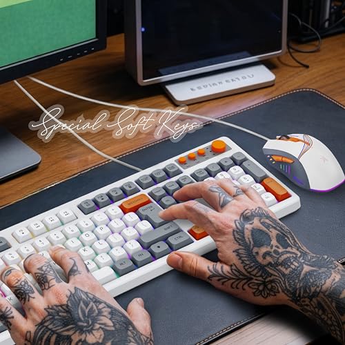 Image of FINGERS CubikCombo Wired Keyboard & Mouse Combo (RGB Backlit Keys, Volume Control Knob, 7200 DPI RGB Mouse, Rugged Build, Plug & Play, Braided Cable), Classic White + Orange-Grey Accents