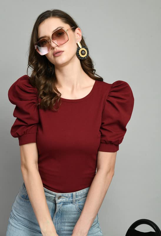 Image of IUGA Plain Round Neck Cotton Knit Regular Top for Women (115 Black)