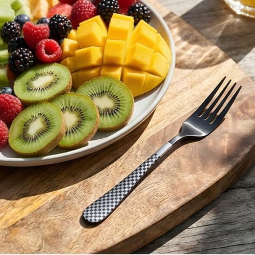 Image of 6.7 inch Charcoal Black Salad Forks Set of 5 with Checks Printed Handle ? Durable Stainless Steel Salad Forks, Mirror Polished Silverware, Perfect for Home, Restaurant, and Gifting