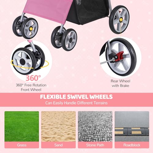 Image of ZENY Foldable Pet Stroller, Cat /Dog Stroller with 4 Wheel, Pet Travel Carrier Strolling Cart with Storage Basket, Cup Holder (Pink)