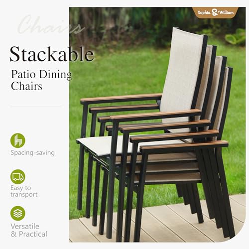 Image of Sophia & William Outdoor Dining Set for 6, Round Patio Table and Stackbale Aluminum Chairs, 7 Piece Patio Dining Set for Deck Lawn Garden (Beige)