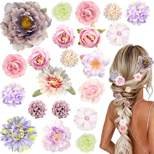 Set de 21 pinzas de flores boho para cabello en tonos morado y rosa miniatura 1