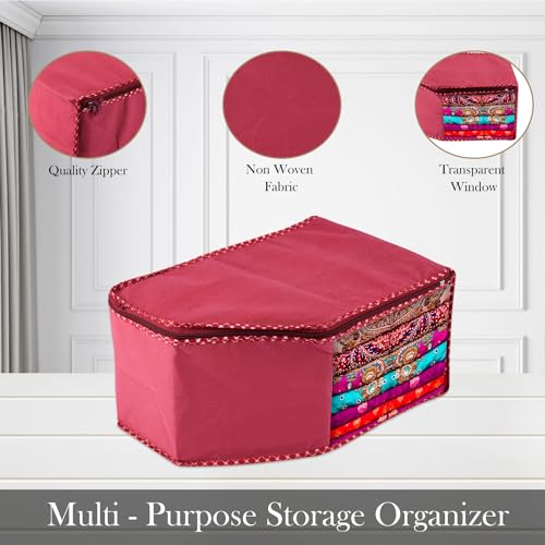 Image of Urbane Home Blouse Cover | Clothes Storage Bag | Zipper Wardrobe Organizers | Non-Woven Clothes Organiser | Side Transparent Blouse Organizer | Dot Border | Pack of 6 | Maroon