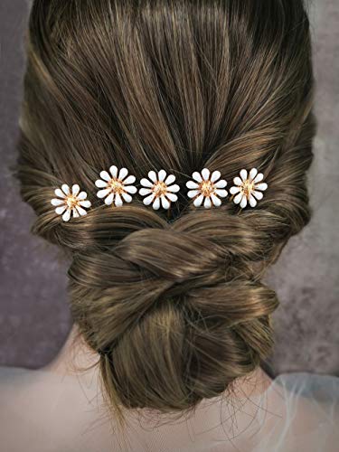 Aegenacess Gold Hair Pins Set for Wedding Clips White Daisy Flower Bun Pick Romantic Bohemian Accessories Brides and Bridesmaids Gift - 5 Pieces