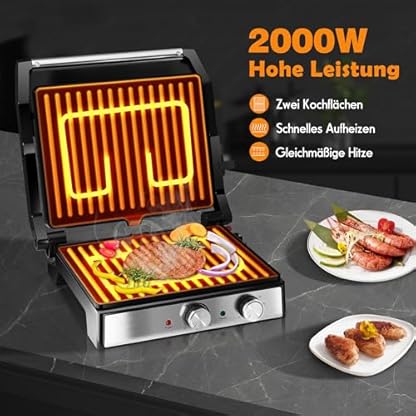 KEINVE Kontaktgrill, Elektrogrill, Sandwichtoaster, Fettarmes Grillen, Panini, Toasts, Steak, Gemüse, Antihaftbeschichtete Grillplatten, 2000W, 35x13x32, Edelstahl/Schwarz – Bild 6