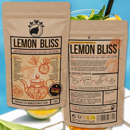 NanaNatura’s Original LEMON BLISS TEA 85g | fruchtig-erfrischender Sommer-Kräutertee | als Eistee, Cold Tea oder zur klassisch heiß | mit Sonnenverwöhnten Blüten, Blättern & Beeren | zuckerfrei