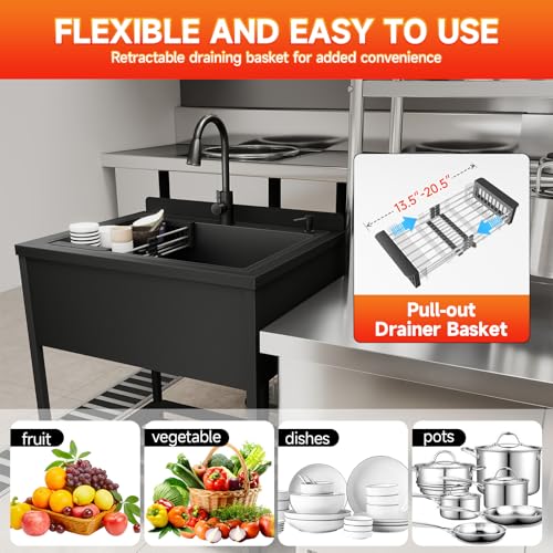 Image of Stainless Steel Utility Sink, 33.5 inch x 22 inch x 36.6 inchFreestanding Sink with Cold and Hot Water Faucet,Hoses and Drain Kit for Kitchens, Bathrooms, Garage, Laundry Room