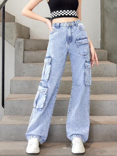 WDIRARA Girl's Flap Pocket High Waist Cargo Jeans Elastic Band Straight Leg Long Denim Pants4