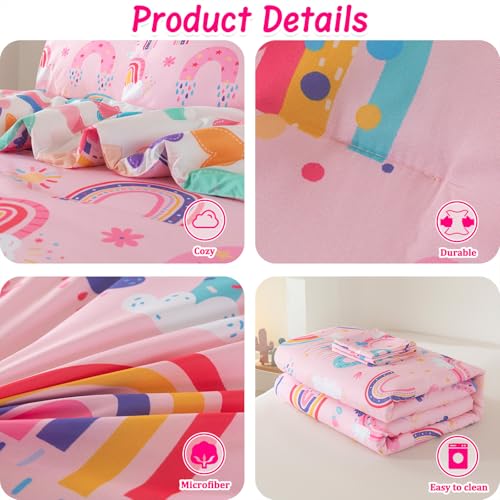 Image of Rainbow Girls Bedding Set Full Size, Love Hearts Pink Rainbow Comforter Set Full Bedding Sets for Girls Kids