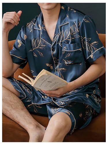 Men's 2 Piece Satin Silk Pajama Sets Leaf Graphic Button Down Shirts and Shorts Loungewear Sleepwear Pjs4