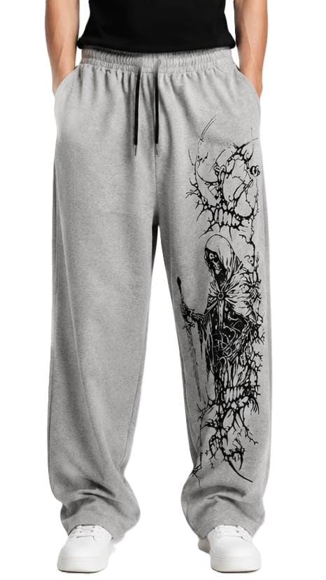 Men's Y2K Gothic Graphic Sweatpants | Baggy Grey Streetwear Joggers with Ghost & Sword Print | Relaxed Fit Elastic Waist Alt Clothing-image-29