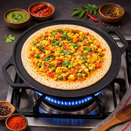 Image of Cast Iron Dosa Tawa 28 cm | Double Handle Flat Tawa for Dosa, Roti & Uttapam | Pre-Seasoned Cast Iron | Gas & Induction Compatible (28 cm)