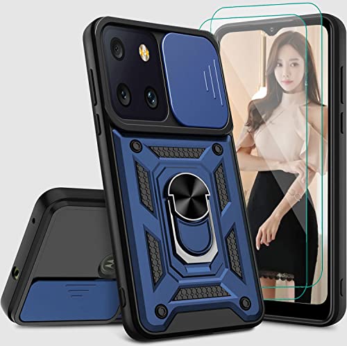 Suyomo For T-Mobile Revvl 6 5G Case With Tempered Glass Screen Protector [2Pcs],T-Mobile Revvl 6 5G Heavy Duty Case With Camera Cover Ring Holder Stand Dual-Layer Protection Phone Case (Blue) #TOP4