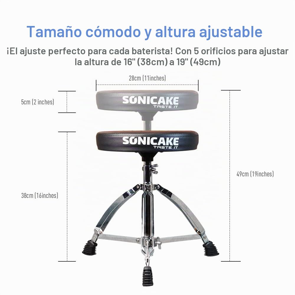 SONICAKE Taburete para batería Ajustable en Altura Taburete de batería Plegable con Asiento Acolchado Antideslizante Negro