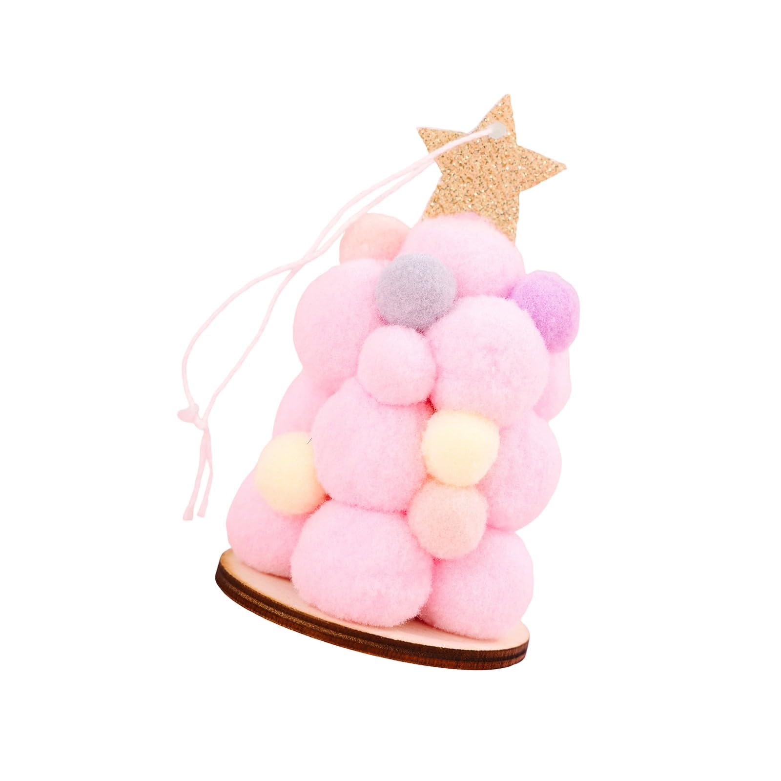 Holiday Christmas Tree Ornament, Plush Ball Decor with Wood Base and Star Accent for Seasonal Home Display Accent Plush Ball Tree Ornament Holiday Cord Wooden Base Star Top Festive Home Party Mantel