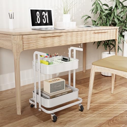 Image of DTK 2 Tier Rolling Cart, Small Metal Utility Cart with Lockable Wheels, Foldable Craft Cart, 2 Shelf Folding Storage Trolley for Living Room, Kitchen, Bathroom, Bedroom and Office, White
