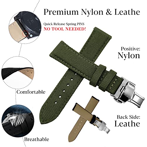 Nice Pies Canvas Nylon Genuine Leather Watch Band Replacement Wrist Band With Butterfly Development Folding Clasp Buckle Sports Military Retro Men Watchbands (22Mm, Green) #TOP3