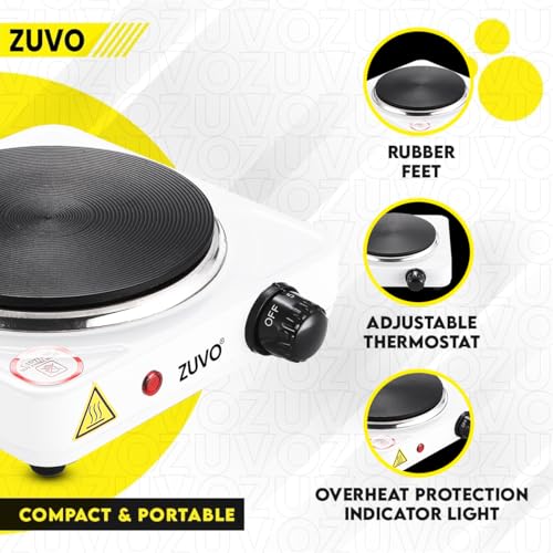 1500W Single Hot Plate - White Ring Stove Hob - Portable & with Adjustable Thermostat - Cast Iron Heating Plate - Best for Cooking - Zuvo