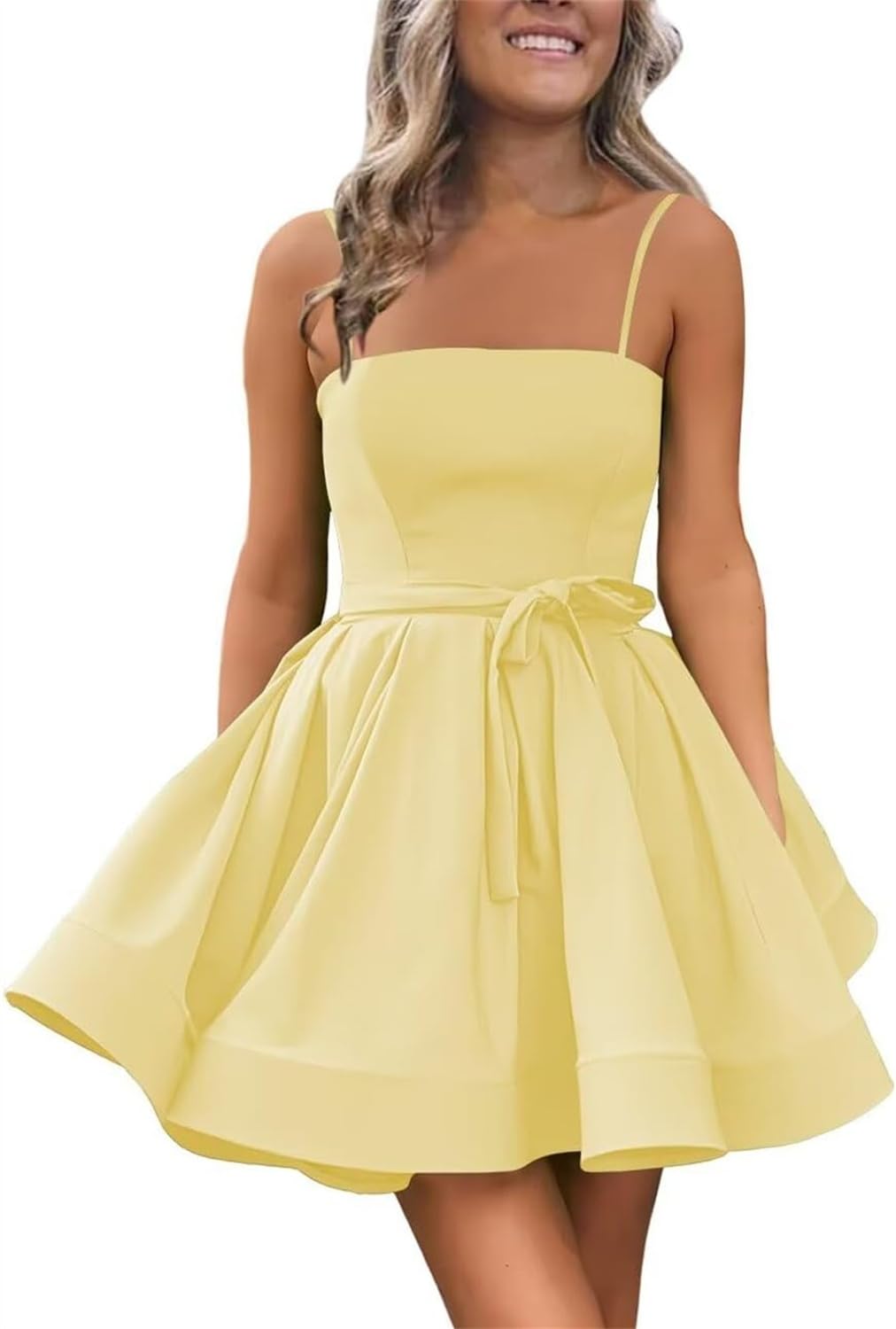 Yiann Women's Yellow Satin Short Prom Dresses For Teens Juniors A Line Spaghetti Strap Homecoming Dress Cocktail Gown Uk10