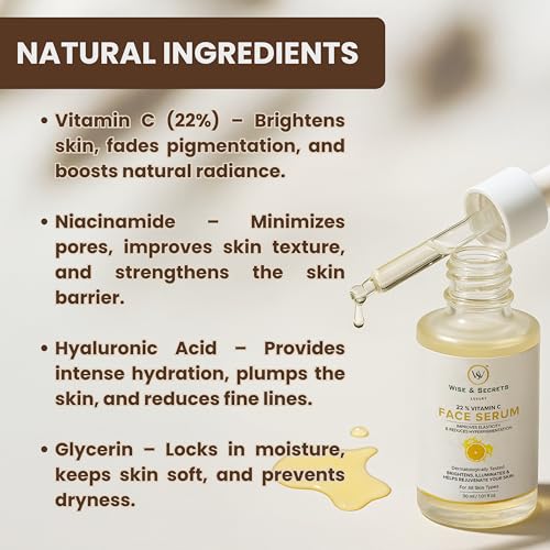 Image of Wise & Secrets Luxury 22% Vitamin C Face Serum | Dermatologically Tested | Brightening, Pigmentation Care & Skin Rejuvenation | For All Skin Types | 30ml