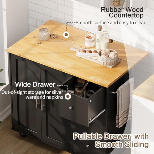 Image of SUNLEI Kitchen Island on Wheels with Storage Cabinet & Foldable Drop Leaf, Rolling Kitchen Table, Cart Handle for Towel Rack, Drop Leaf, Portable Islands for Kitchen (Classic Black, 39.7-INCH)