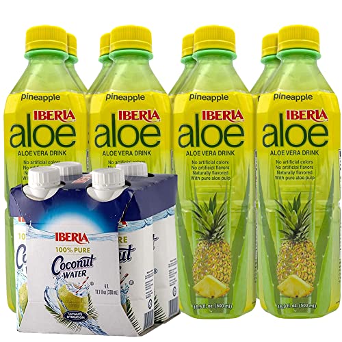 Iberia 100% Natural Coconut Water 11.1 Oz (Pack Of 4)+ Iberia Aloe Vera Juice Drink With Pure Aloe Pulp, Pineapple, 16.9 Fl. Oz. (Pack Of 8) #TOP6
