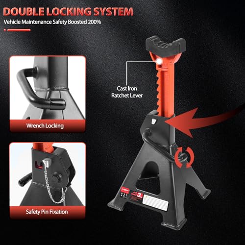 Jack Stands 3 Ton with Double Locking Large Foot Base, 6600 lb Capacity,11.8\"-16.9\",1 Pair Black Adjustable Heavy Duty Jack Stands with Extra Rubber Pads for Trucks,SUV, MPV,UTV/ATV,Home Garage
