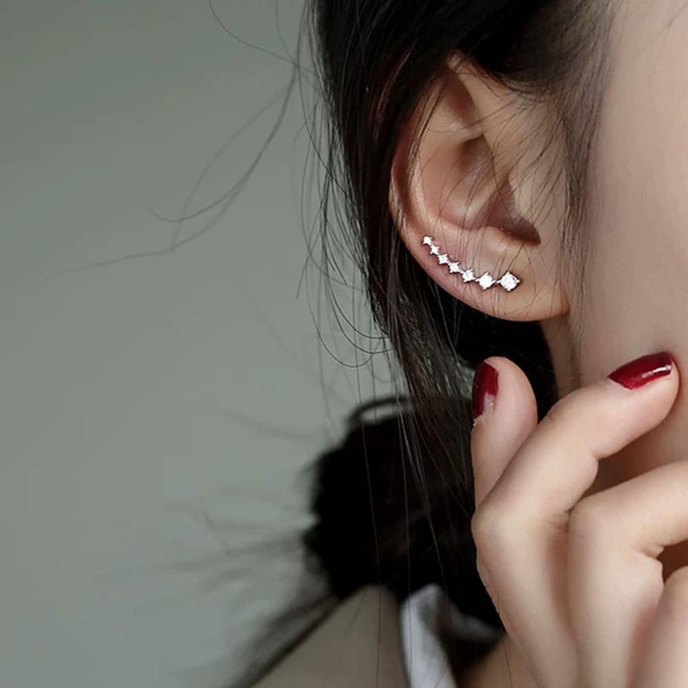 Reffeer Solid 925 Sterling Silver 7 Crystals Cuff Earrings Climber for Women Crawler Earrings Wraps