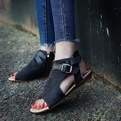 Pbnbp Summer Casual Flat Sandals For Women Vintage Denim Upper Gladiator Sandals Side Zip Back Strap Sandalias Open Toe Outdoor Beach Shoes thumb #1
