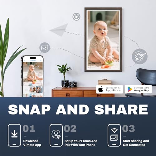 Image of 27 inch Large Digital Picture Frame, 64GB, Anti-Glare Non-Touch, WiFi Wall-Mount Frame for Home /Business, 1920x1080 FHD, Share via App, Email, USB & Micro SD, Remote Included, Black, Dark Wood