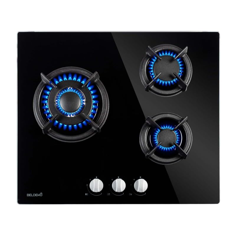 BELDEKO - Plaque de cuisson Gaz verre noir 3 foyers - Gaz ville et bouteille - grilles en fonte