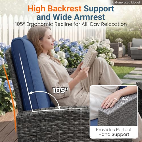 Image of Wisteria Lane Patio Furniture Set, Wicker Outside Outdoor Furniture for All Weather, Patio Sofa with High Backrest Support and Wide Armrest for Backyard, Balcony, Deck, Porch, Navy Blue