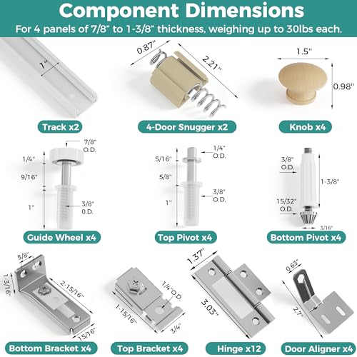 Ocyfym Closet Bifold Door Hardware & 48 Inch Track 2-Pack Kit, Folding Doors Bi-Fold Puertas Repair Replacement Kit for Bedroom Laundry, with Rail Floor & Top Bracket Pivot Pin Guide Roller Hinge Knob — view 3