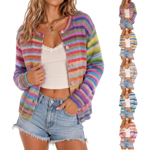Sweater Cardigan Women Button Down Striped Rainbow Color Block Sweater - image 1