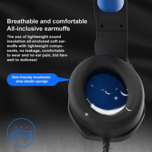 Stereo Gaming Headset for PS4 PC Xbox One Controller Noise Cancelling - Anivia Over Ear Headphones with Mic, Bass Surround, Soft Memory Earmuffs for Laptop Mac Nintendo Switch (MH602 Black Blue)
