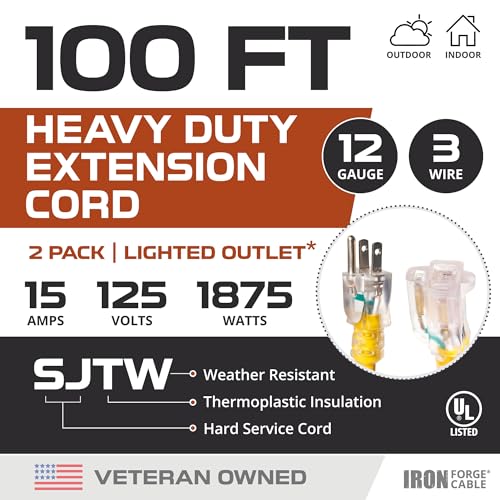 IRON FORGE CABLE 2 Pack of 100 Foot Lighted Outdoor Extension Cord - 12/3 SJTW Heavy Duty Yellow Extension Cable with 3 Prong Grounded Plug for Safety, 15 AMP - Great for Garden and Major Appliances