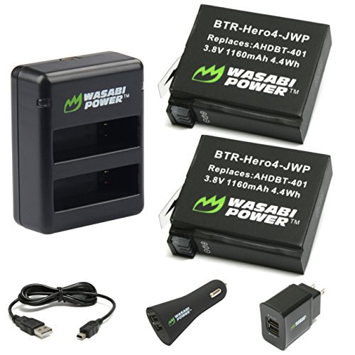 Wasabi Power Battery (2-Pack) and Dual Charger for GoPro HERO4 and GoPro AHDBT-401, AHBBP-401 (with Car and US Plug)